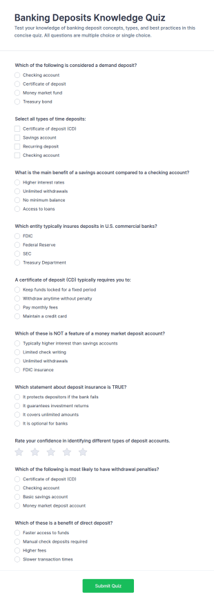 Banking Deposits Knowledge Quiz Form Template