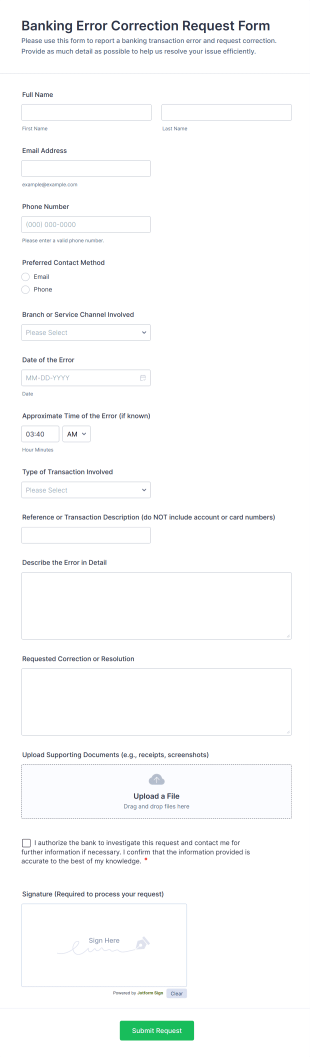 Banking Error Correction Request Form Template