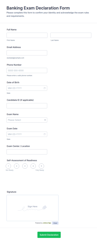 Banking Exam Declaration Form Template
