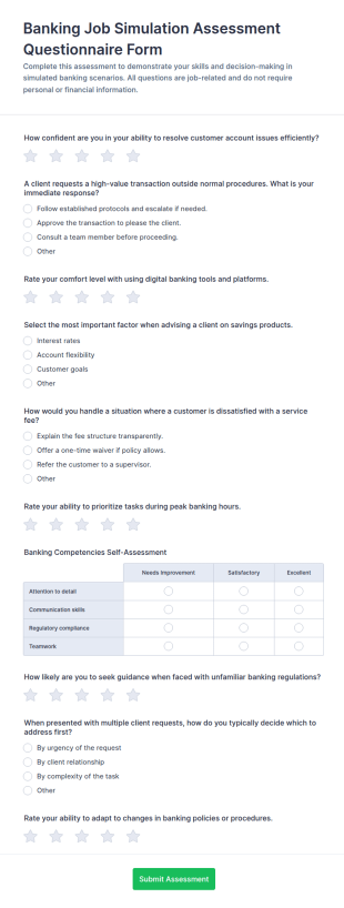 Banking Job Simulation Assessment Questionnaire Form Template