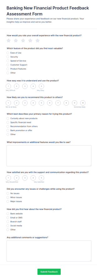 Banking New Financial Product Feedback Assessment Form Template