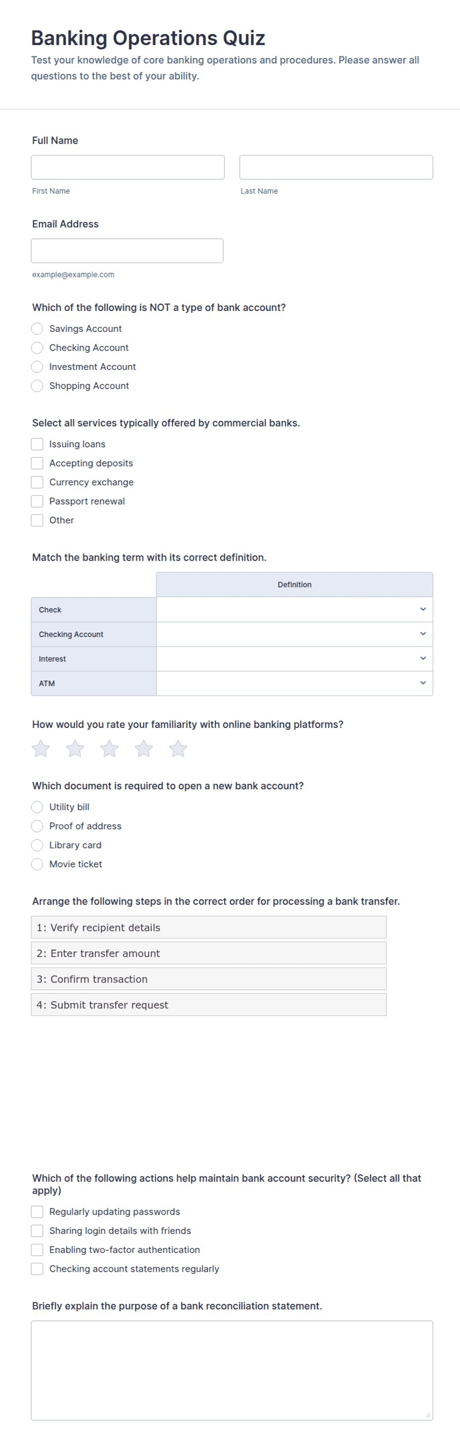 Operational Banker Questions Banking Operations Quiz Form Template | Jotform