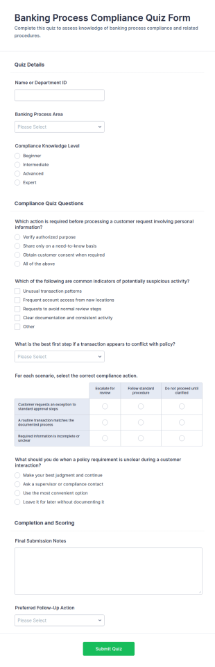 Banking Process Compliance Quiz Form Template