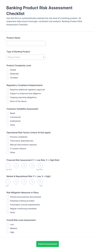 Banking Product Risk Assessment Checklist Form Template