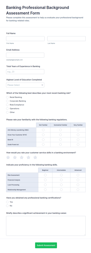 Banking Professional Background Assessment Form Template