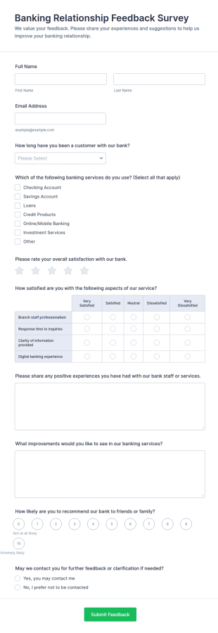 Banking Relationship Feedback Survey Form Template