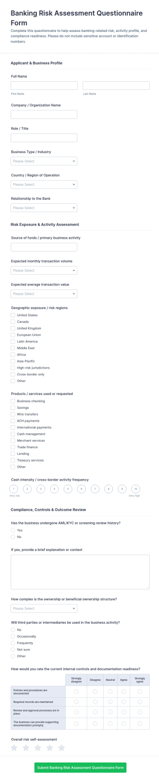 Banking Risk Assessment Questionnaire Form Template