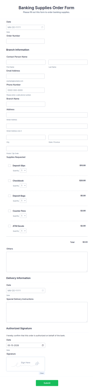 Banking Supplies Order Form Template