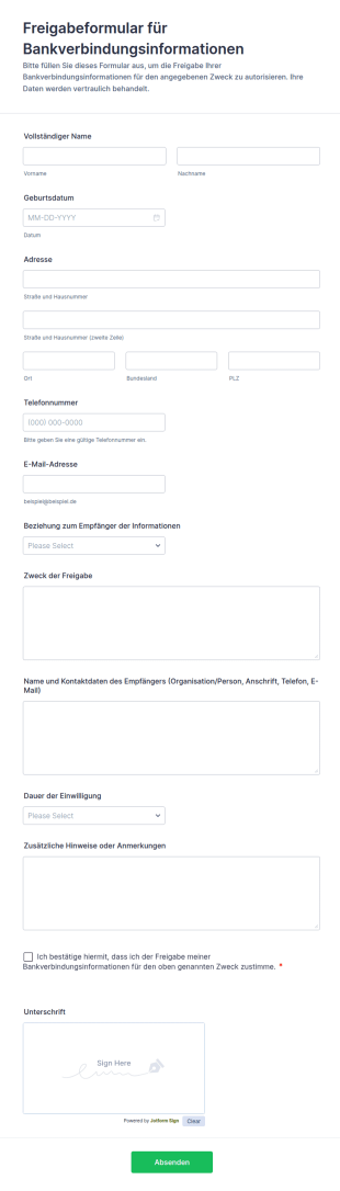 Bankkontoinformationsfreigabeformular