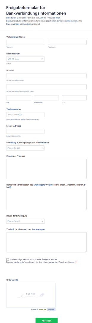 Bankkontoinformationsfreigabeformular