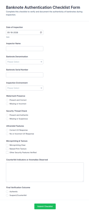 Banknote Authentication Checklist Form Template