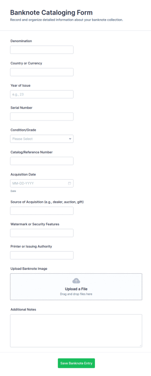 Banknote Cataloging Form Template