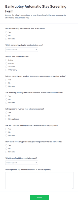 Bankruptcy Automatic Stay Screening Form Template
