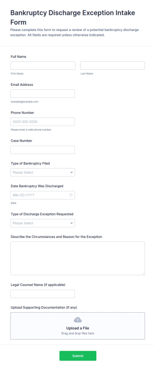 Bankruptcy Discharge Exception Intake Form Template