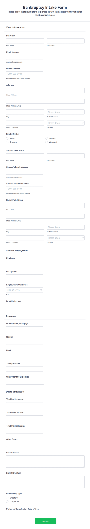 Bankruptcy Intake Form Template