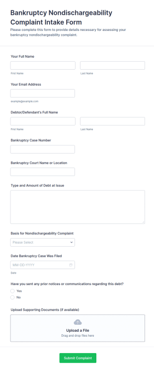 Bankruptcy Nondischargeability Complaint Intake Form Template
