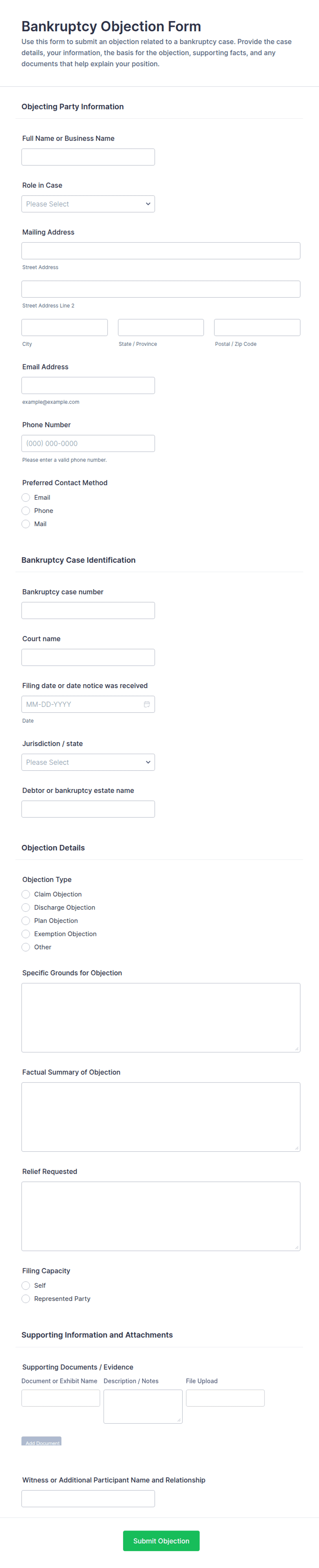 Bankruptcy Objection Form Template | Jotform