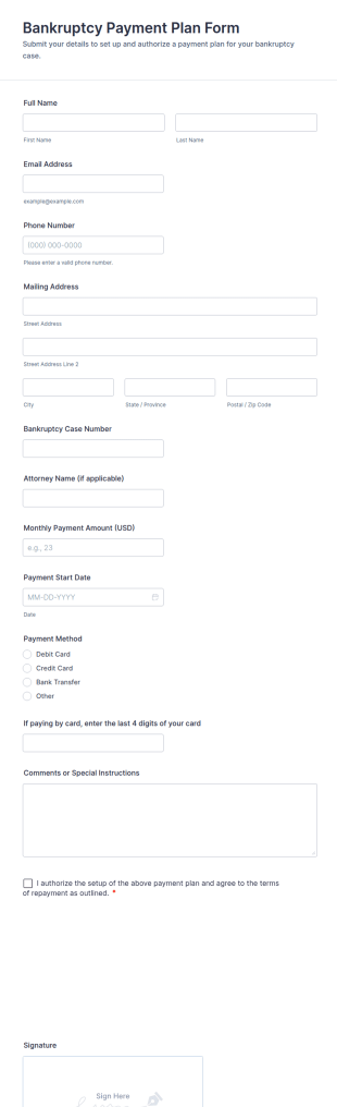 Bankruptcy Payment Plan Form Template