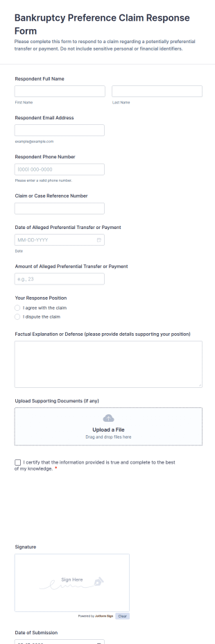 Bankruptcy Preference Claim Response Form Template