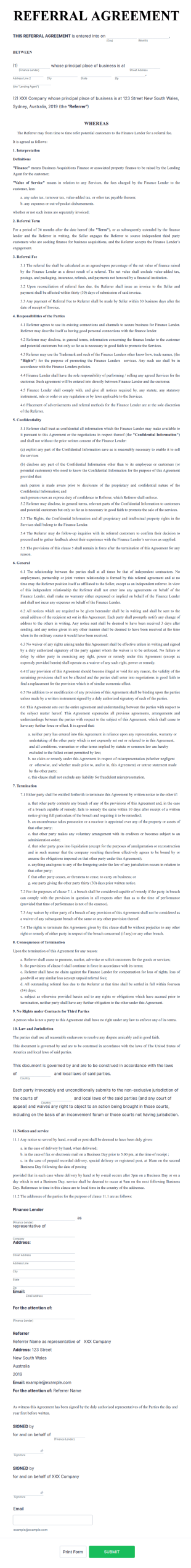 Bank Referral Agreement Form Template
