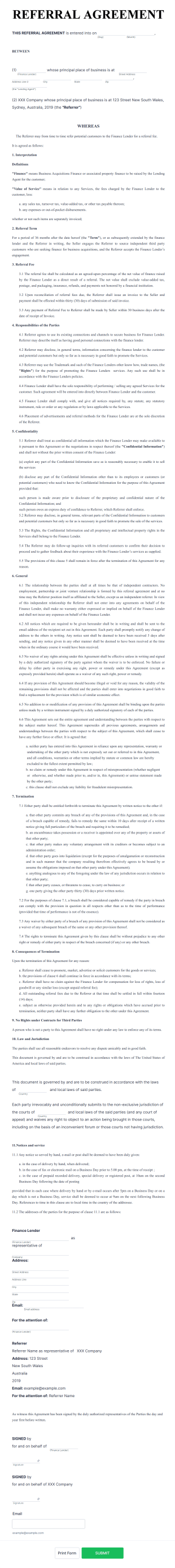 Bank Referral Agreement Form Template