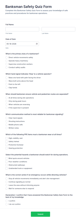 Banksman Safety Quiz Form Template