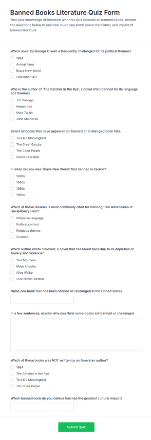 Banned Books Literature Quiz Form Template