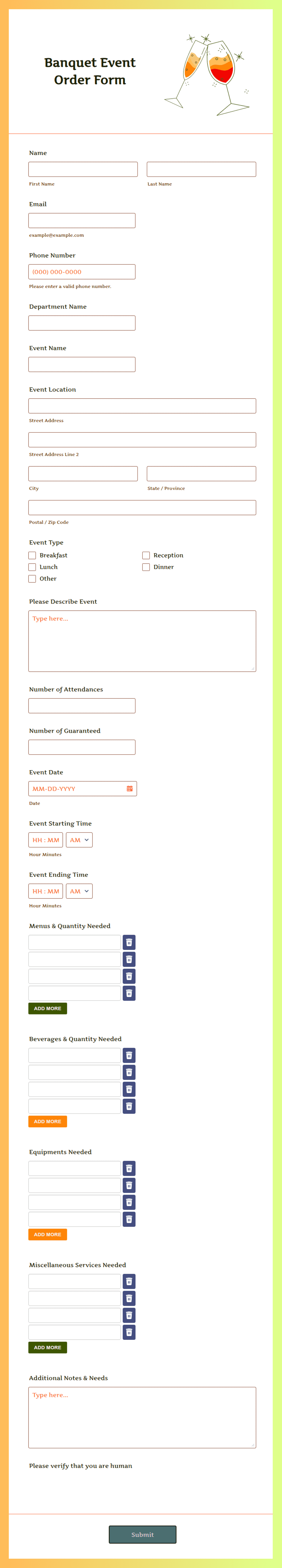 Banquet Event Order Form Template