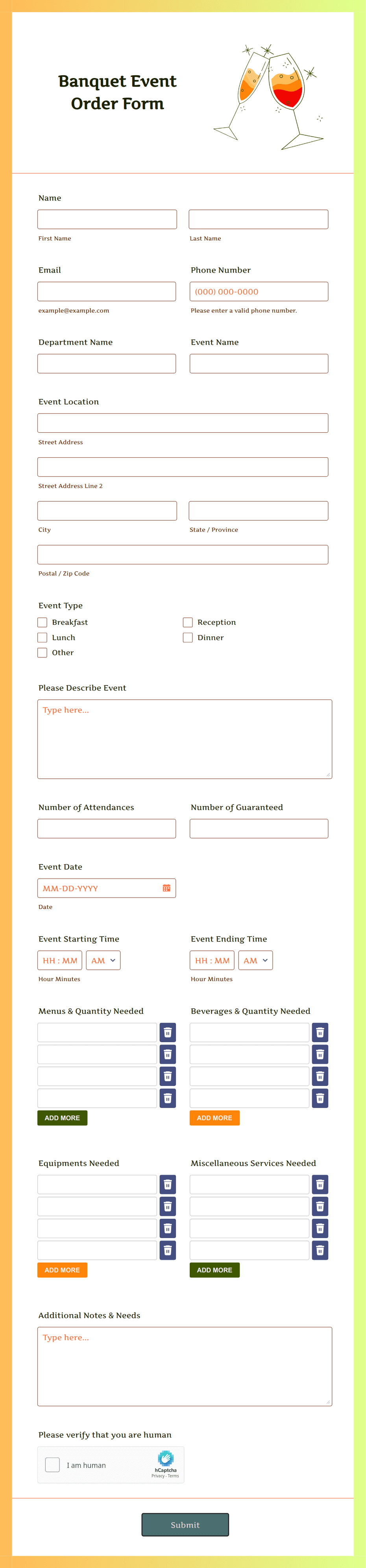 Banquet Event Order Form Template | Jotform