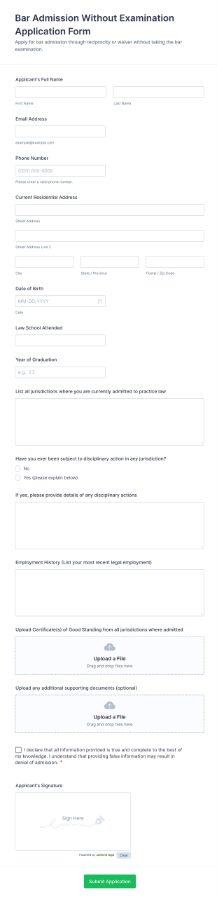 Bar Admission Without Examination Application Form Template