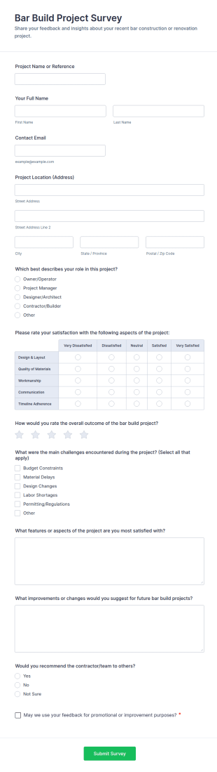 Bar Build Project Survey Form Template