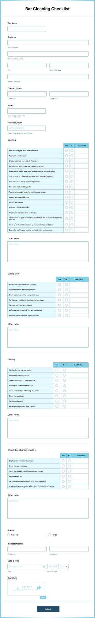 Bar Cleaning Checklist Form Template