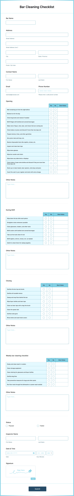 Bar Cleaning Checklist Form Template