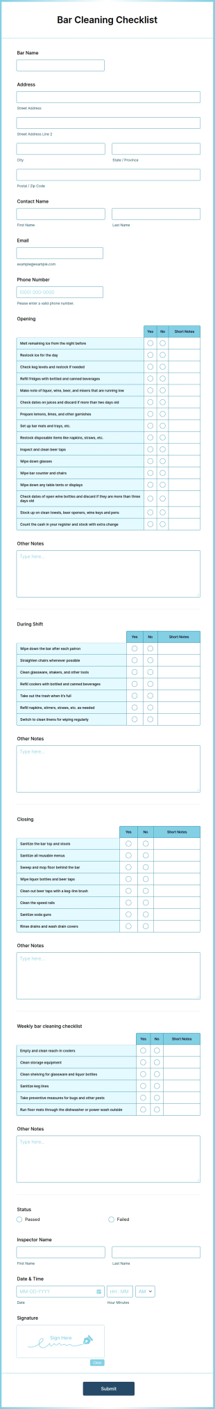 Bar Cleaning Checklist Form Template