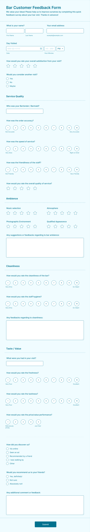 Bar Customer Feedback Form Template