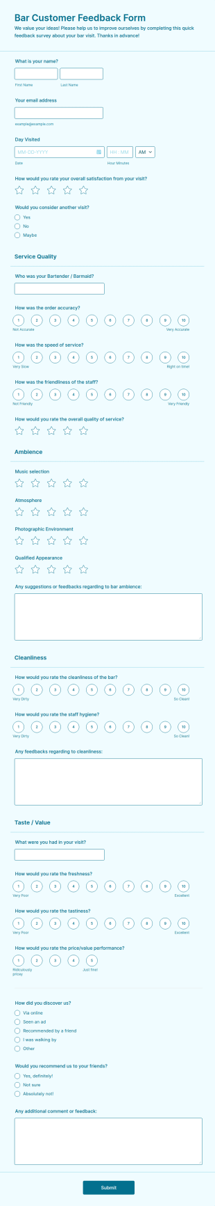 Bar Customer Feedback Form Template