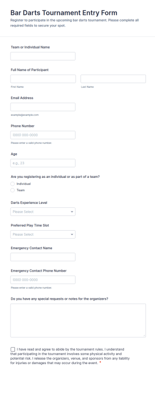 Bar Darts Tournament Entry Form Template