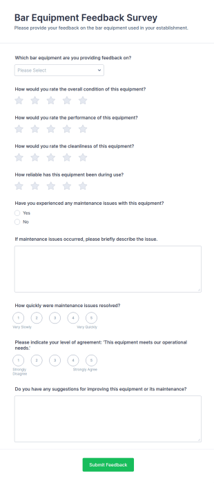 Bar Equipment Feedback Survey Form Template