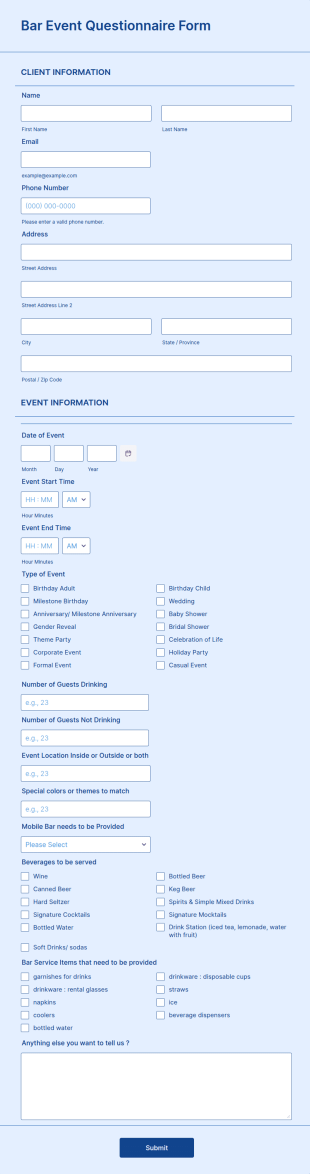 Bar Event Questionnaire Form Template