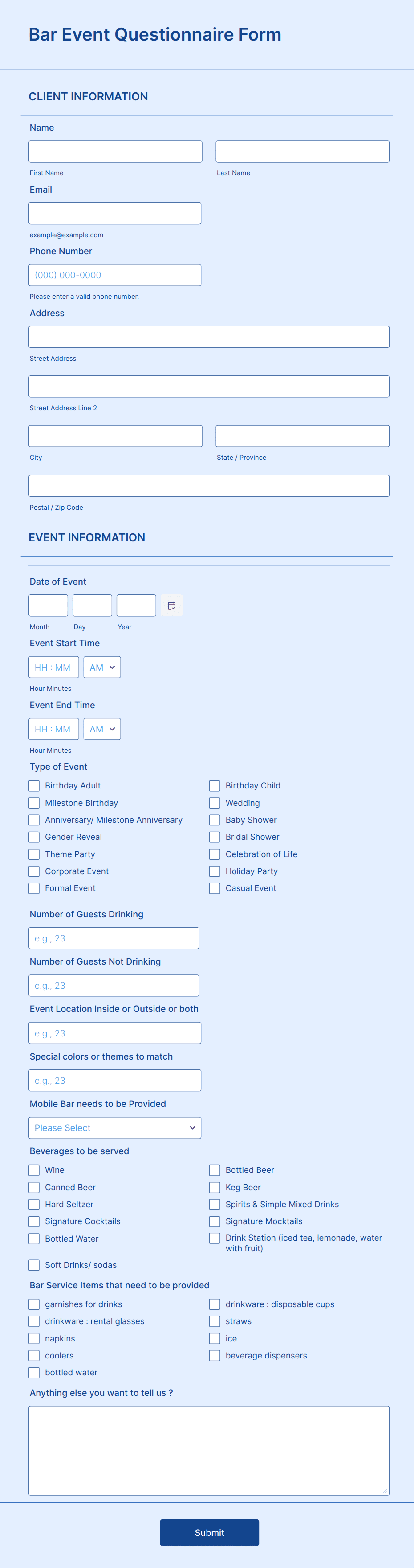 Bar Event Questionnaire Form Template | Jotform