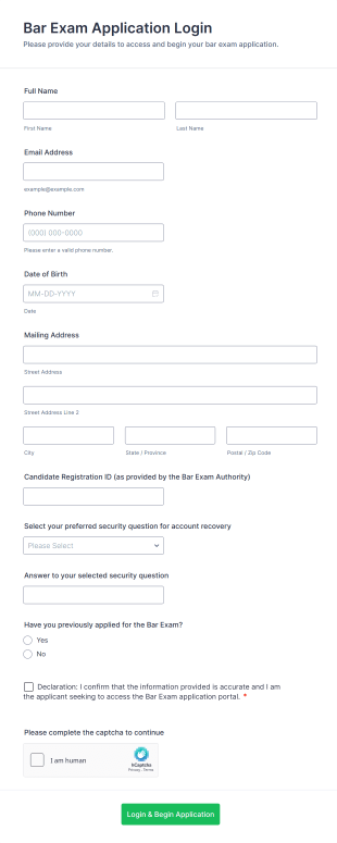Bar Exam Application Login Form Template