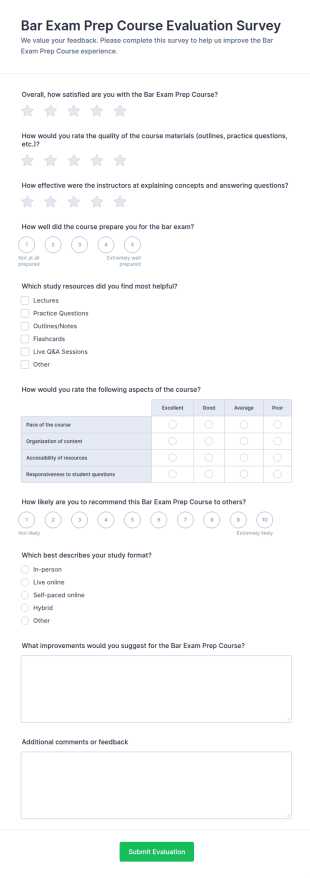 Bar Exam Prep Course Evaluation Survey Form Template