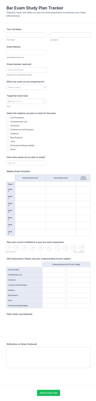 Bar Exam Study Plan Tracker Form Template