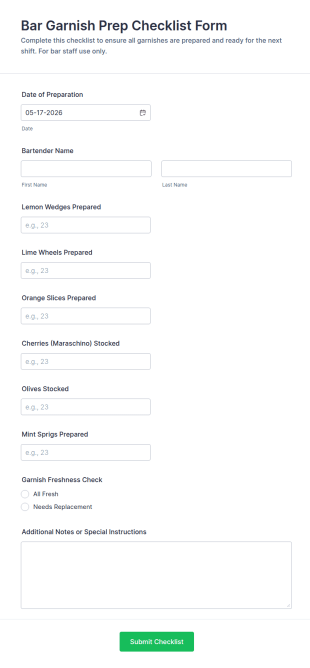 Bar Garnish Prep Checklist Form Template