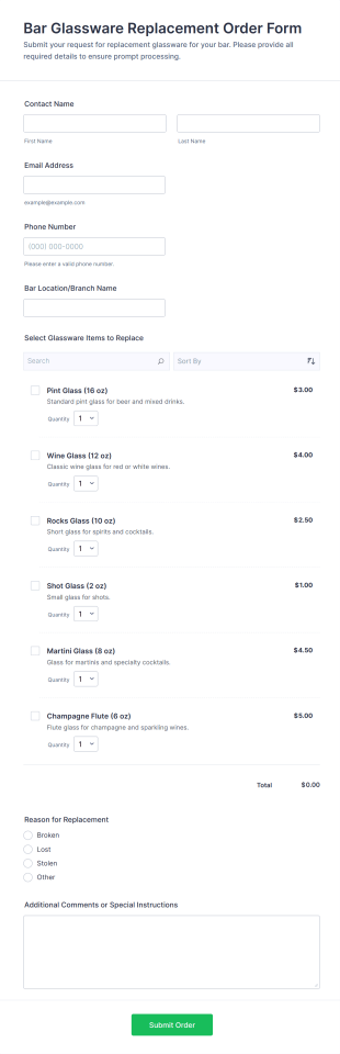 Bar Glassware Replacement Order Form Template