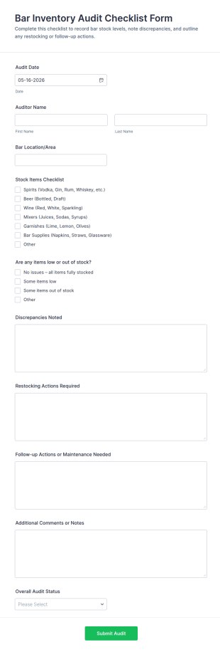 Bar Inventory Audit Checklist Form Template