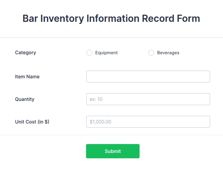 In Bar Form Bar Inventory Information Record Form Template | Jotform
