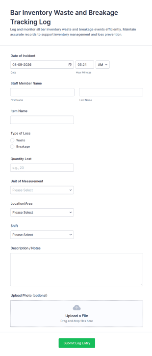 Bar Inventory Waste And Breakage Tracking Log Form Template