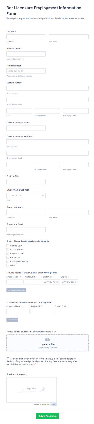 Bar Licensure Employment Information Form Template
