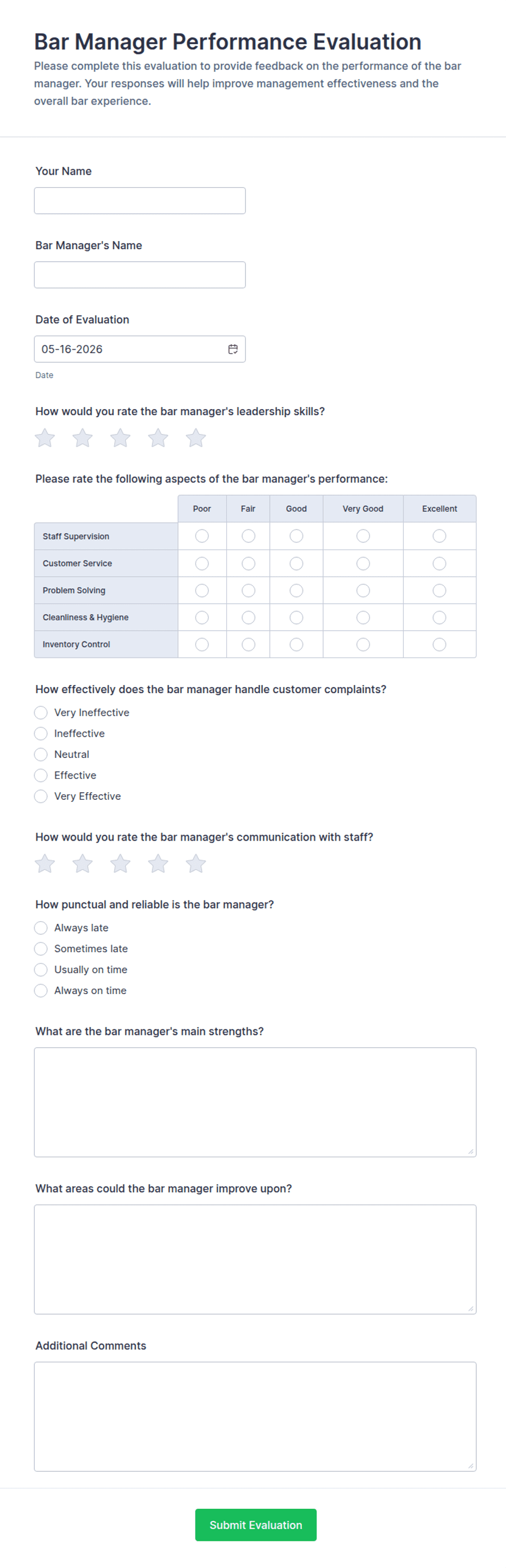 Bar Manager Performance Evaluation Form Template | Jotform